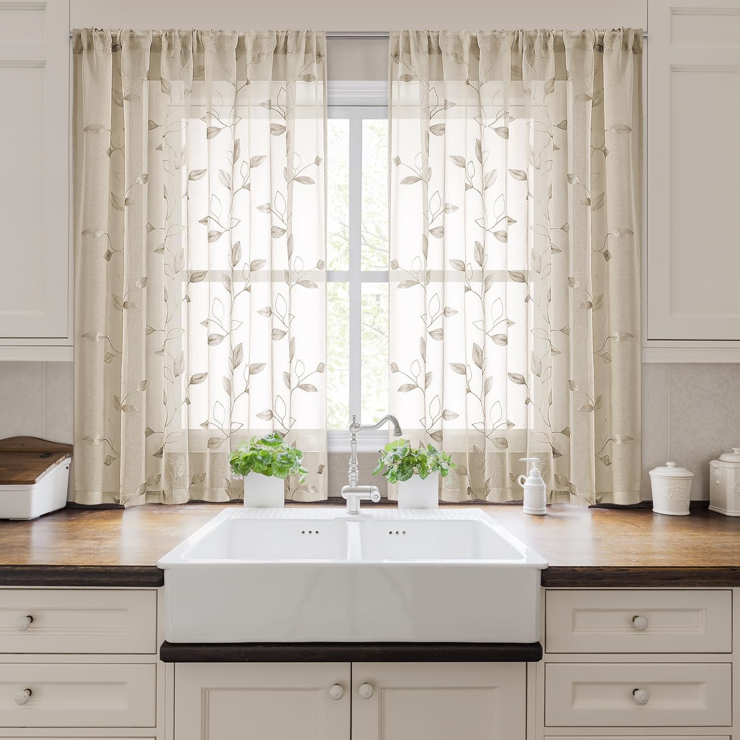 Taupe Sheer Kitchen Curtains 52 x 45 Inch Length 2 Panels Beige Embroidered L…