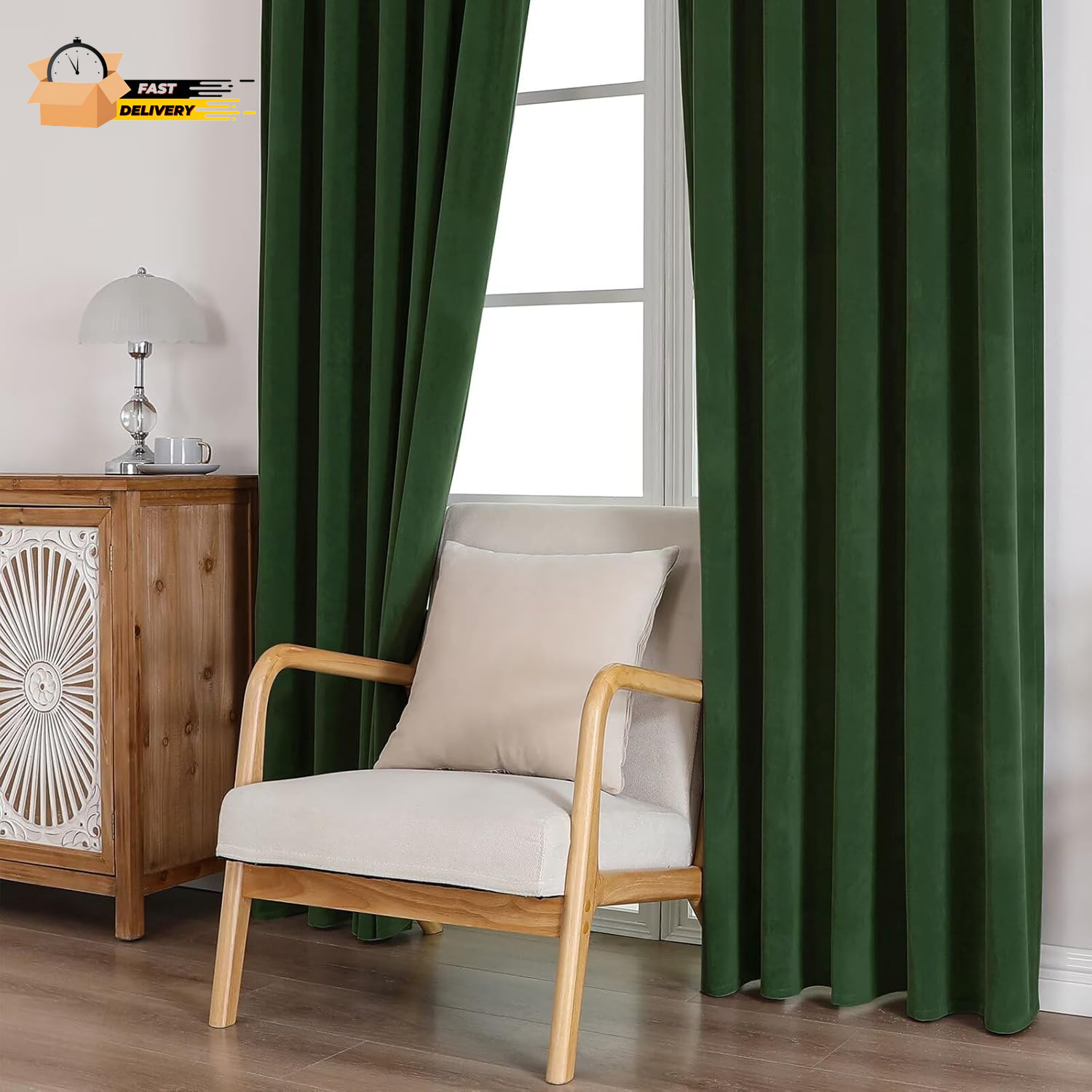 Dark Olive Green Velvet 100% Blackout Curtains 84 Inches Long, Forest Green Cur