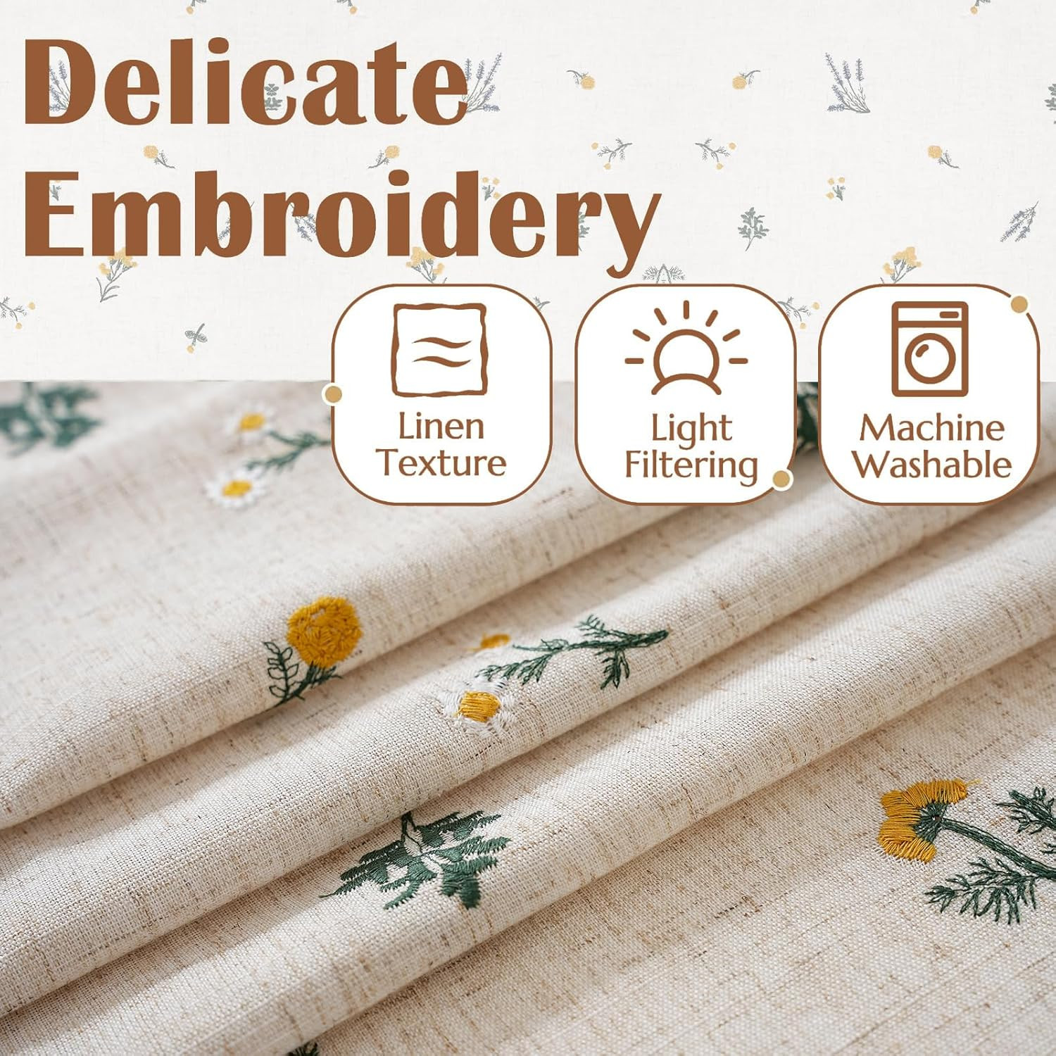 Boho Daisy Embroidered Linen Curtains 96″ Beige Floral Drapes, 2 Panels