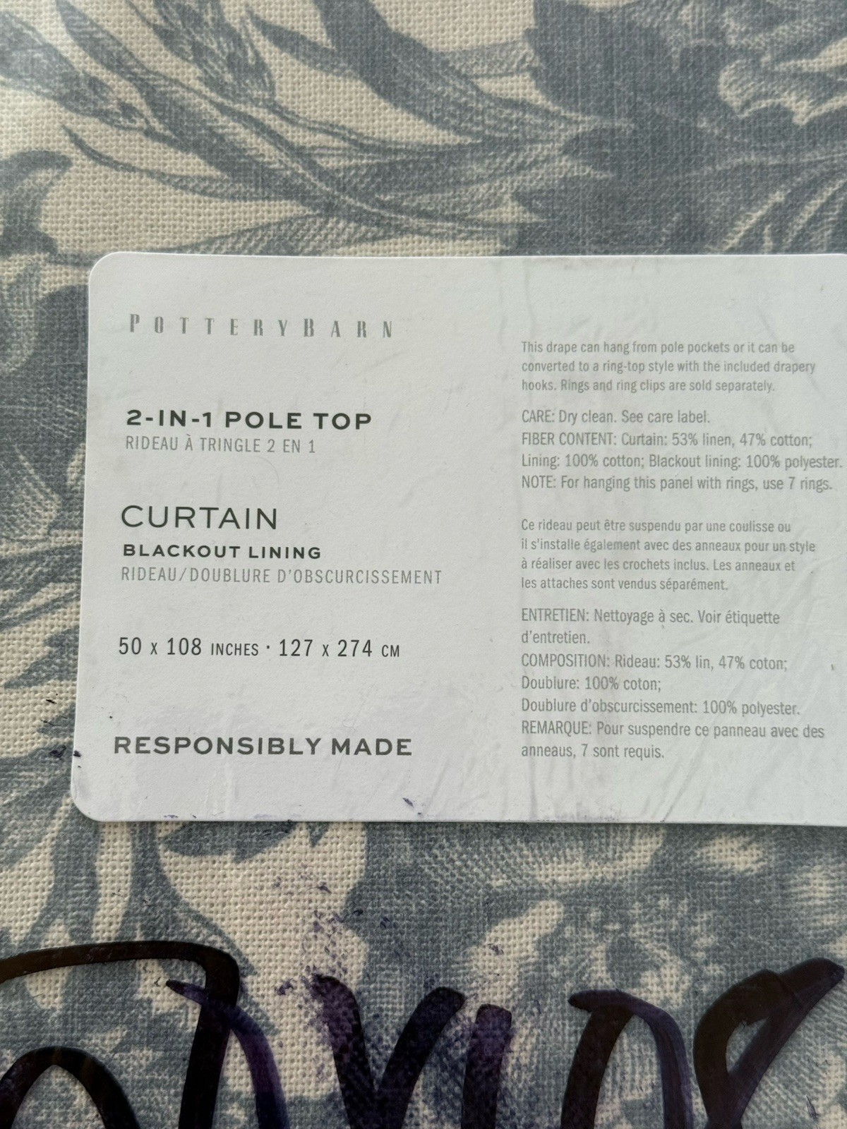 2 NWT POTTERY BARN Sorrel Toile Linen Cotton Blackout Curtain-50” X 108” BLUE