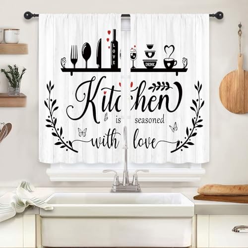 Black White Rustic Kitchen Curtains Short 27.5″W x 39″L (Pack of 2) A-white