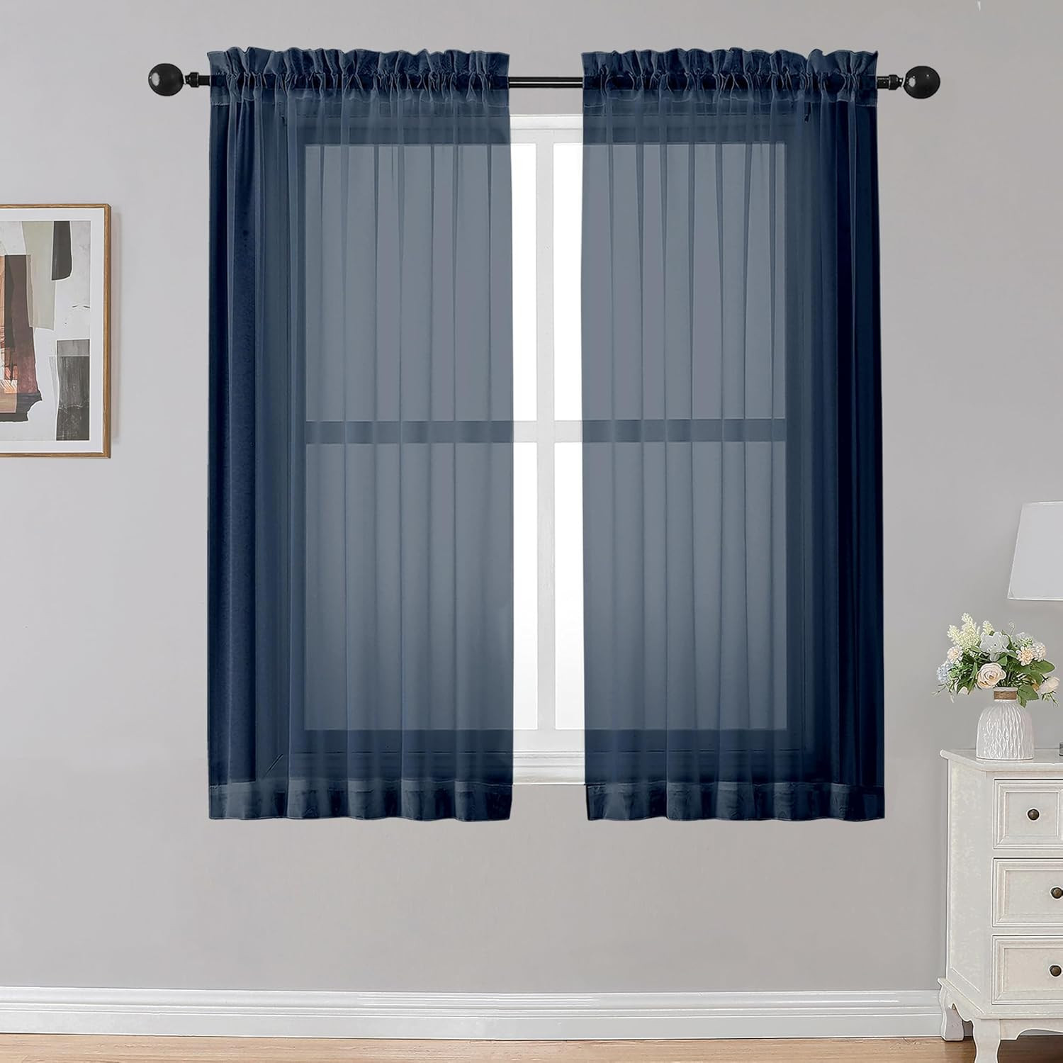Cortinas transparentes de 137 cm de largo, juego de 2 paneles, cortina con bolsi