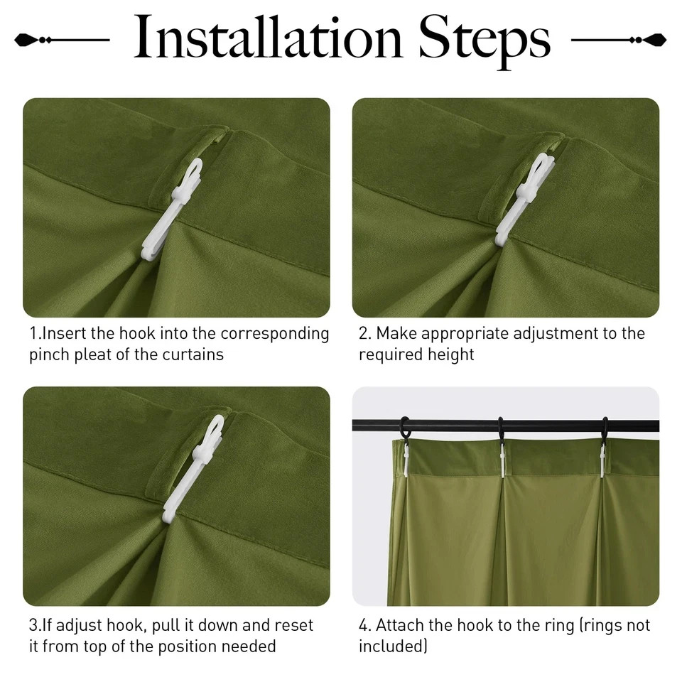 Olive Green Velvet Pinch Pleated Curtains 96 inches Long, Block Light Thermal In