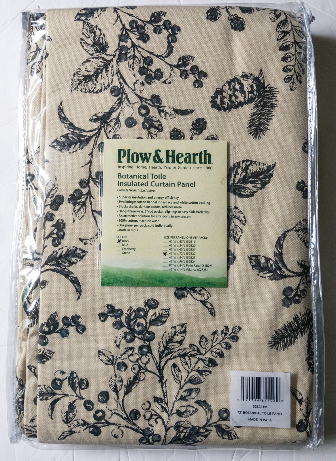 Plow & Hearth Insulated Single Curtain Panel Black & White, 72″ x 42″ – New!
