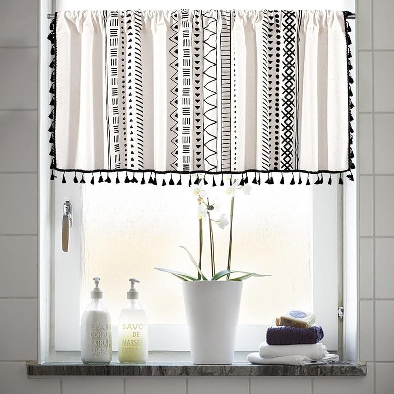 Boho Stripe Cafe Curtains Cotton Linen Tiers W/ Tassels Kitchen Bathroom New