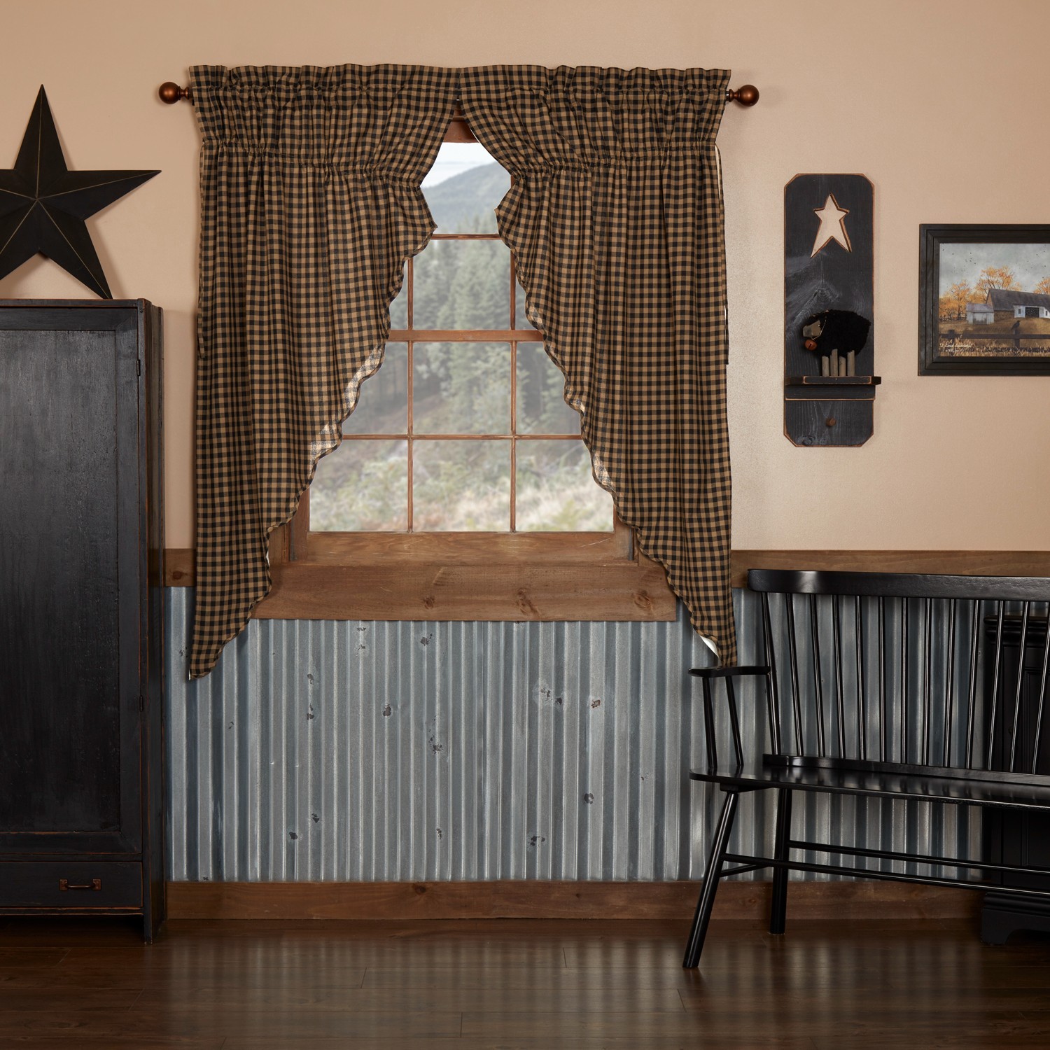 New Farmhouse Primitive TAN BLACK PRAIRIE CURTAIN Window Swags