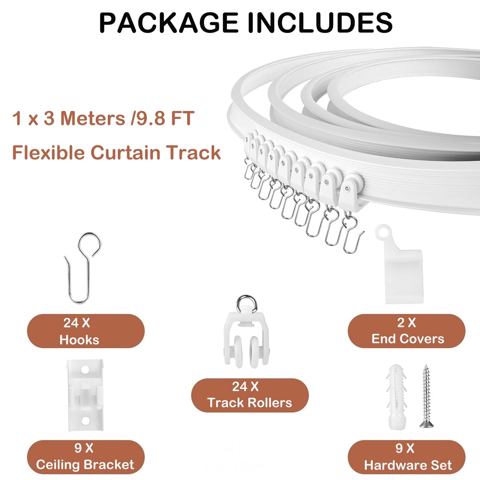 Flexible Bendable Ceiling Curtain Track, 9.8 ft (3M) Curved, Mount for Rail