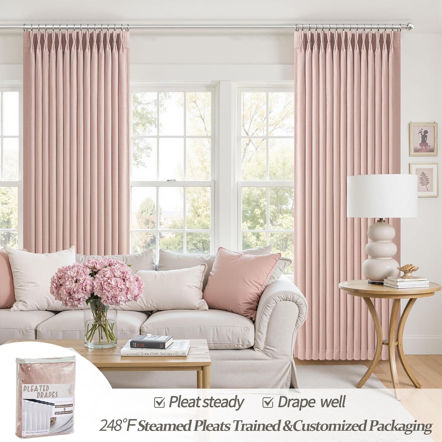 Blackout Baby Pink Memory Trained Pinch Pleated Bedroom Curtains 96 Inches Long