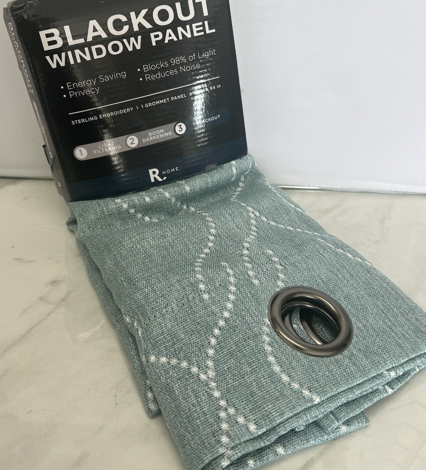 JCP R Home Panel Blackout Blue aqua White 38×84” Grommet Sterling Embroidery NEW