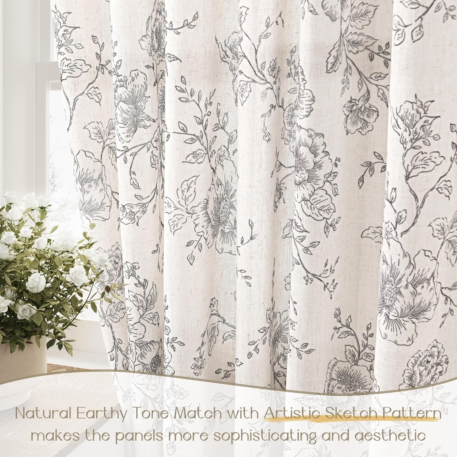 90 Inch Beige Floral Linen Curtains 2 Panels
