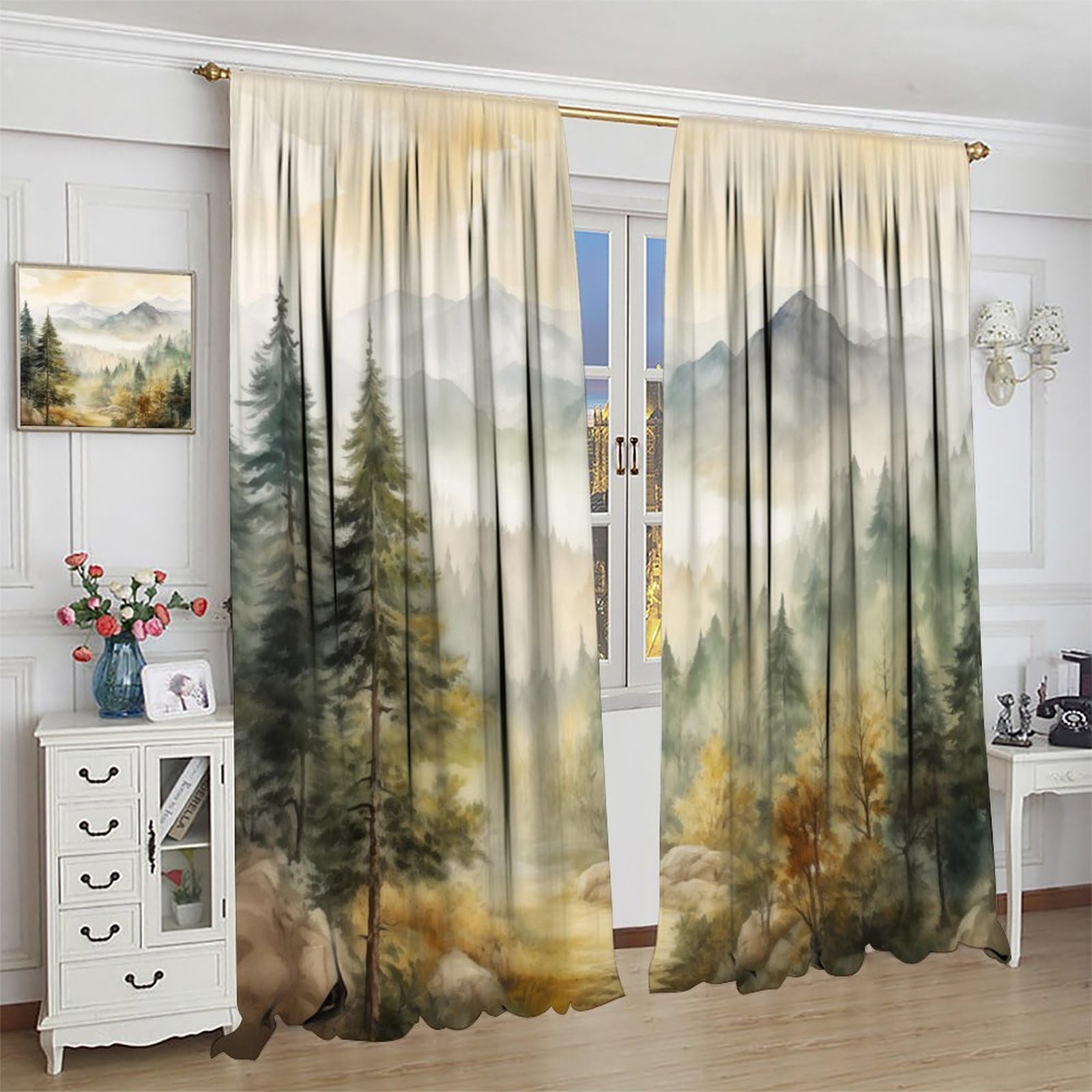 Forest Blackout Curtain for Kitchen, Mountain Forest Nature Tree Woodland Rod…