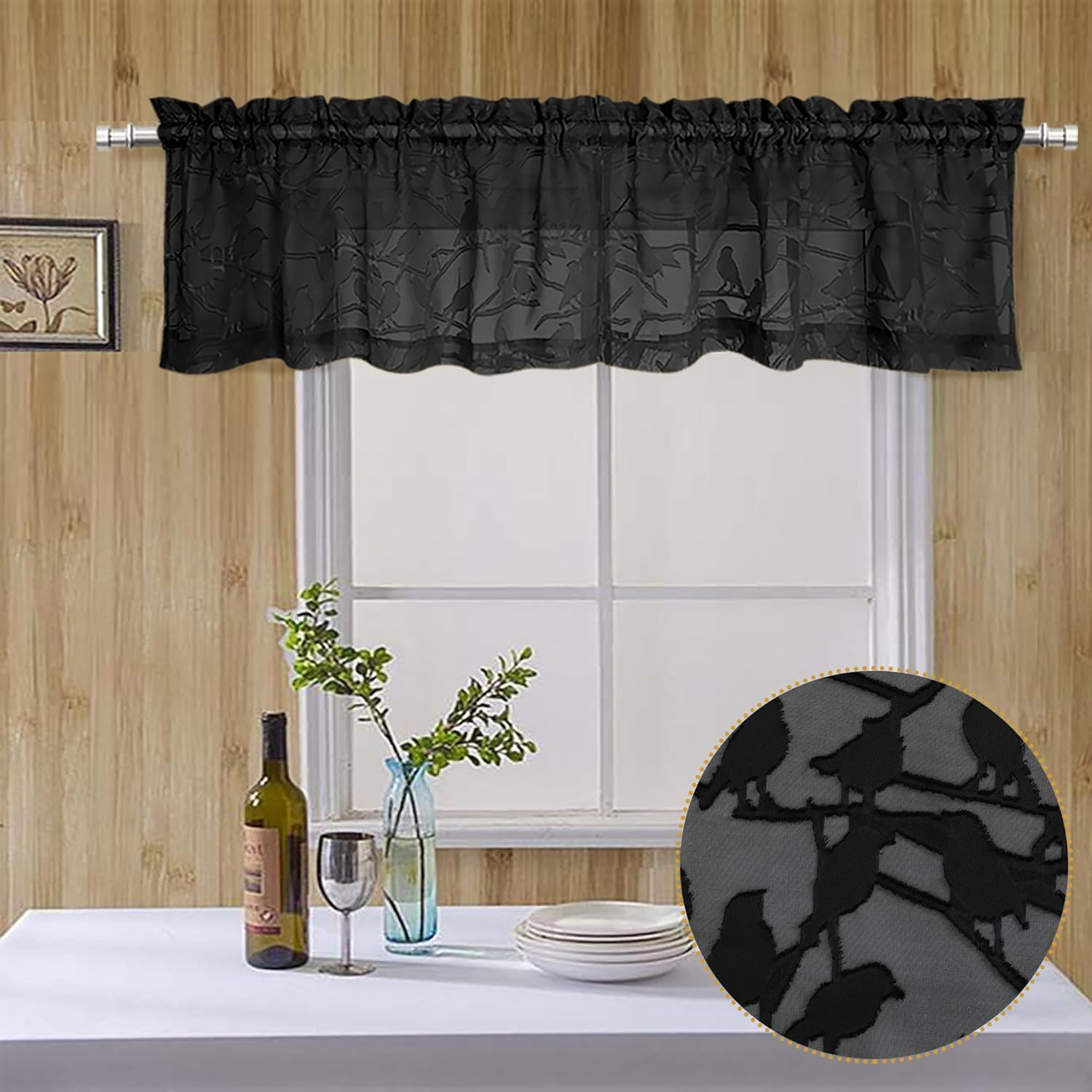 Black Valances for Windows 14 Inch Length 2 Panels, Dual Rod Pocket Light Filter