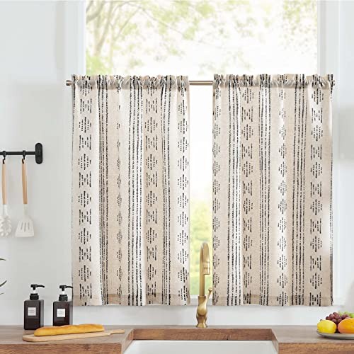 Boho Kitchen Curtains Linen Tier 26″W x 36″L (Pack of 2) Boho Black on Beige