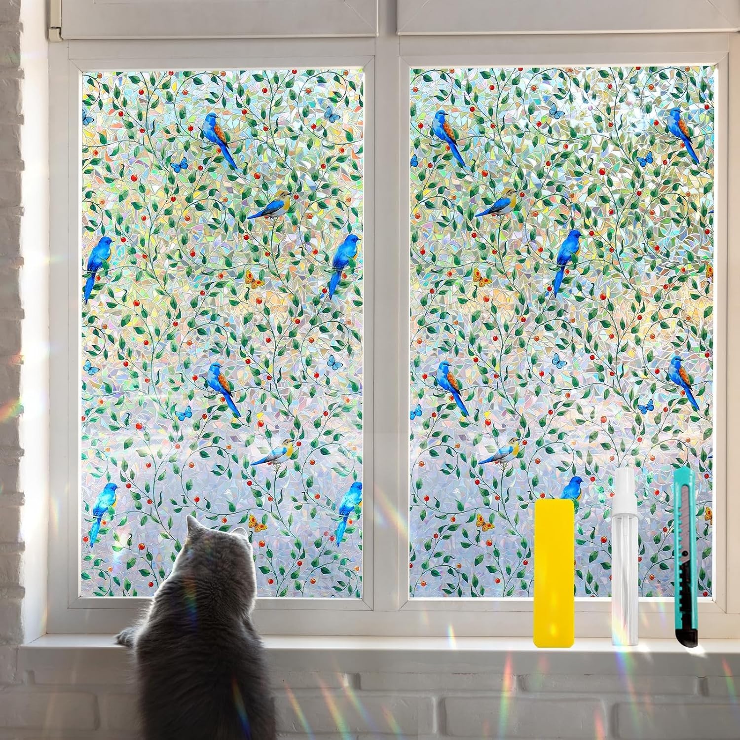 Reusable Window Privacy Film Colorful Birds on the Vine 35.4×78.7