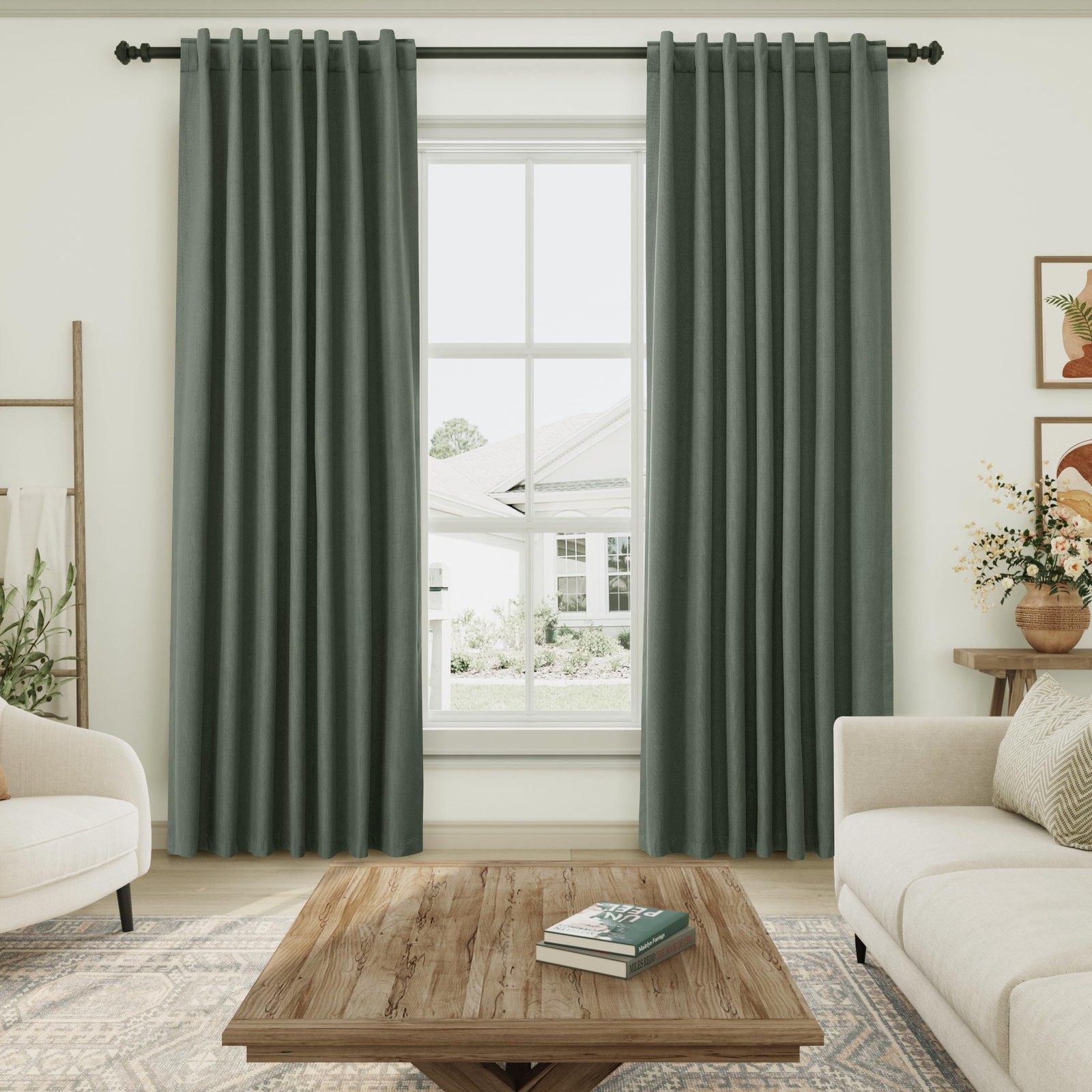 Nanspring Olive Green 100 Linen Curtains 108 Inches Long For Bedroom Back Tab