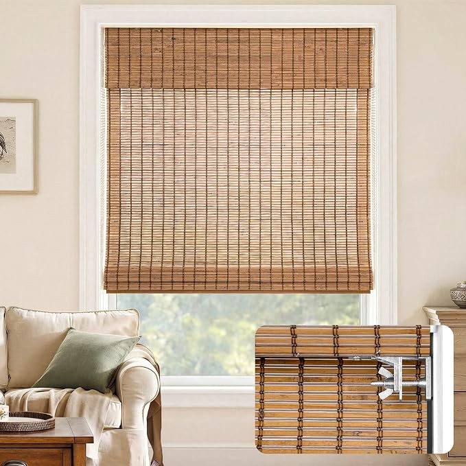 No-Drill Cordless Roman Shade Bamboo 43″ W x 48″ H Malay Umber