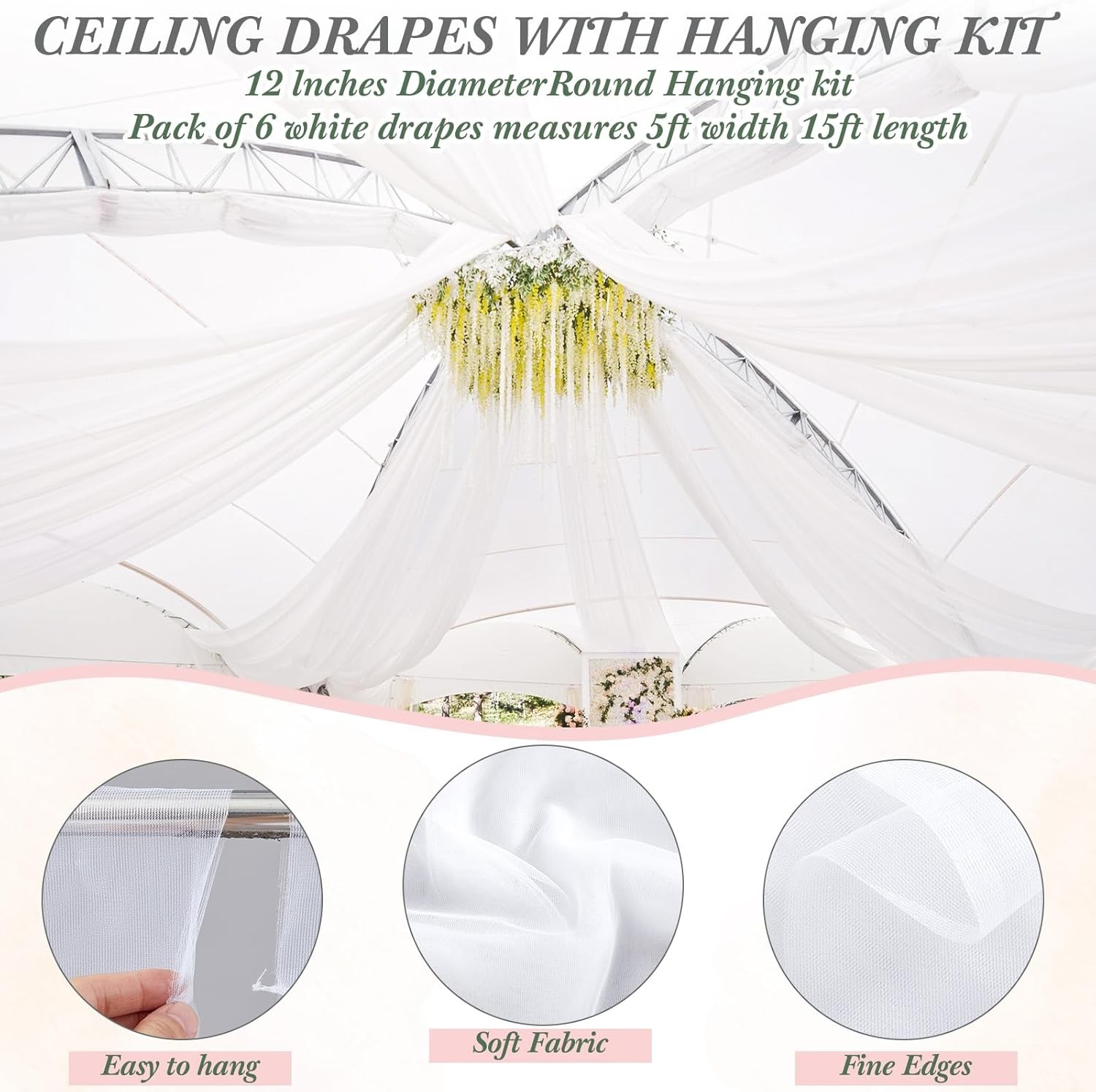 5Ft X 20Ft 6 Panels 12 Inches Ceiling Drapes Hanging Kit with Drapery- Ceiling H