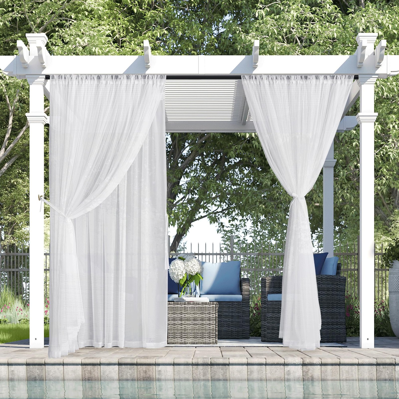 New RYB HOME 2 Layers White Outdoor Sheer Curtains for Patio Waterproof Privacy