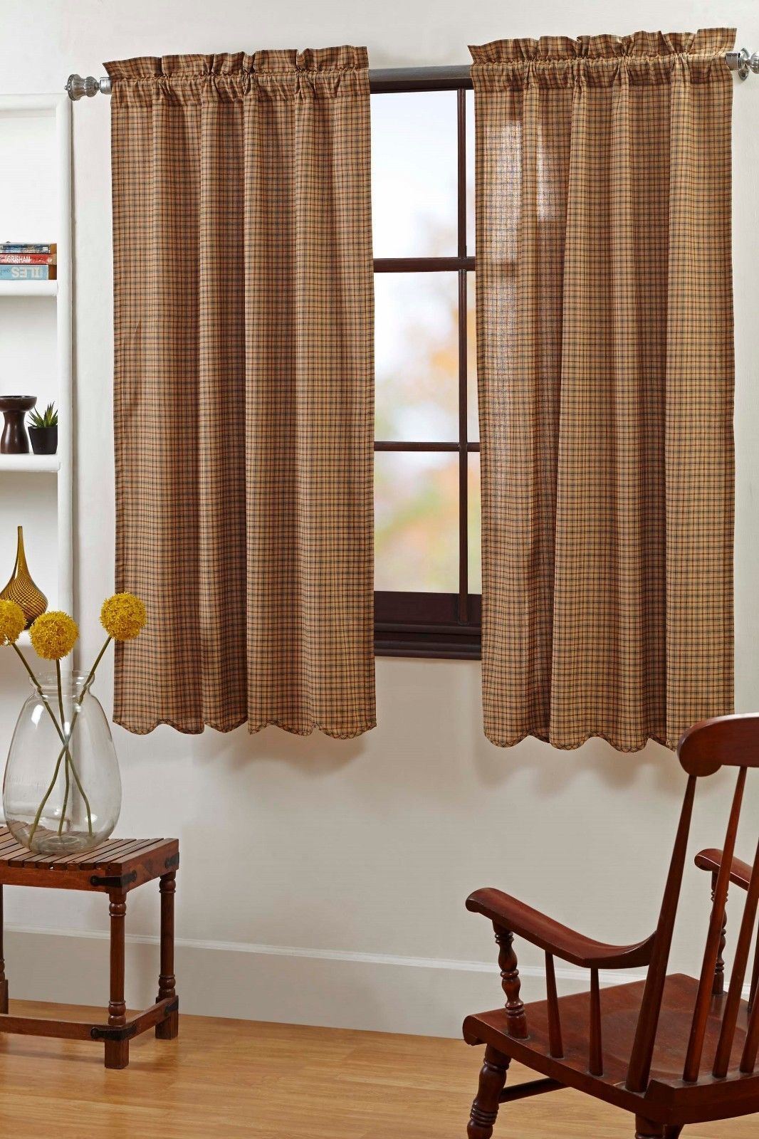 63″L Lodge-Style Lined Curtains Red Navy Tan Plaid Cotton w/ Tie Backs Millsboro