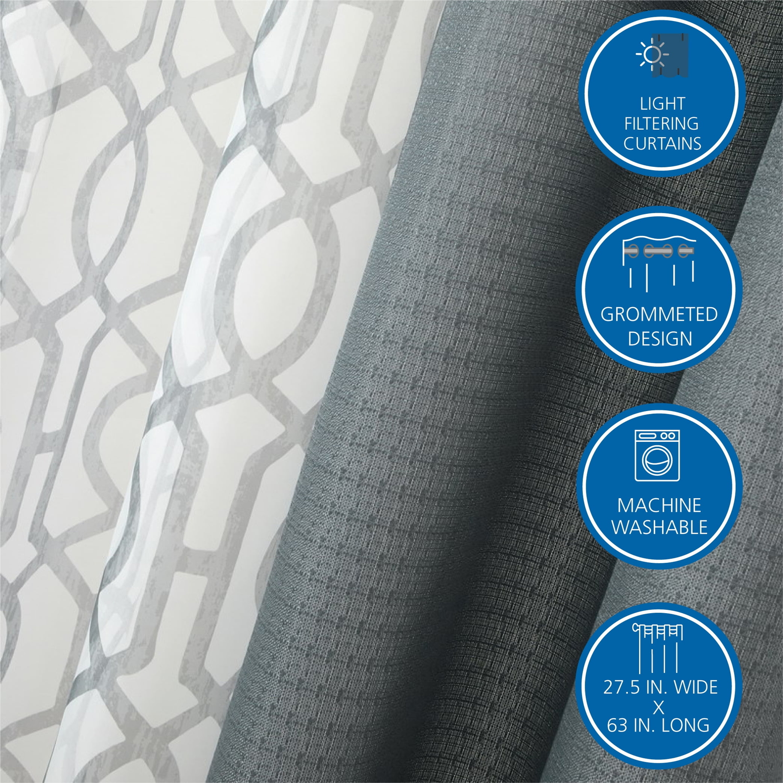 Kingswood Solid and Printed Sheer Grommet Curtain Panel Set, 4 Pc 27.5″ W x63″ L