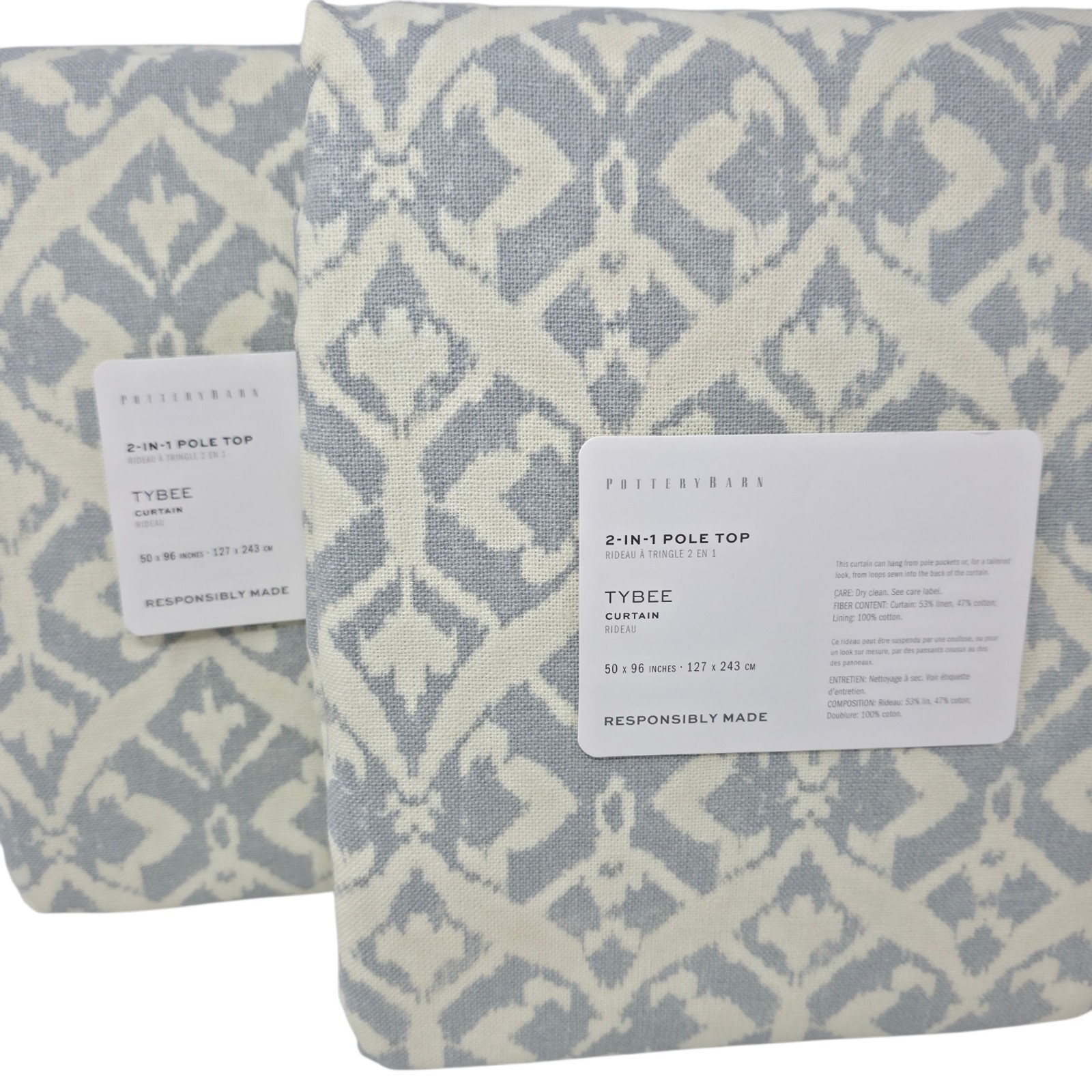 Pottery Barn Tybee Printed Linen Cotton Curtains Set 2 50×96 Sea Glass New