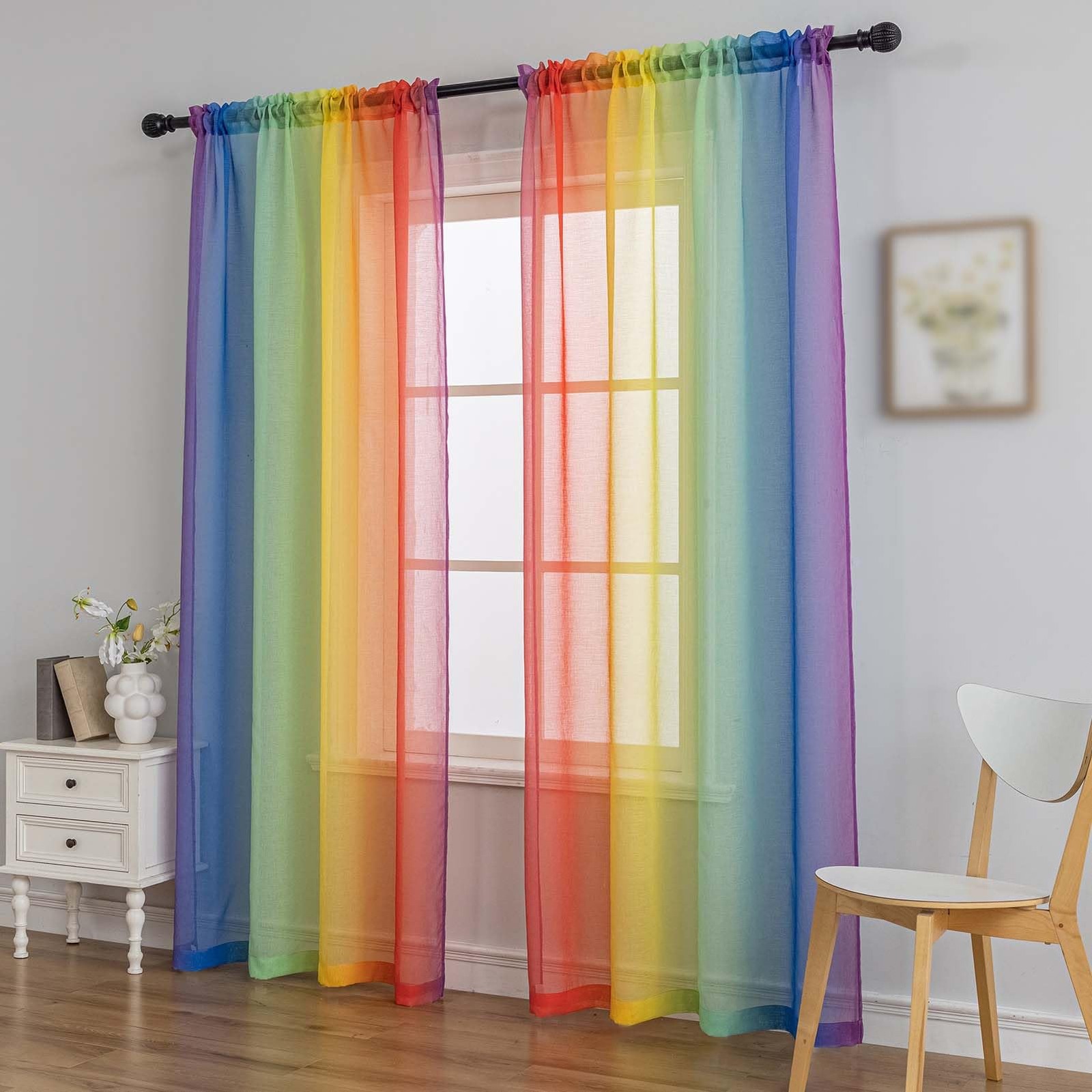 Rainbow Sheer Curtain Panels, Light-Filtering Decorative Curtains, Suitable f…