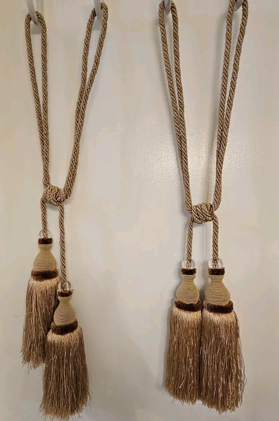 Curtain Tieback Gold Fringe Double Tassel Crystal Bead Braided 30» Set 2 Luxury