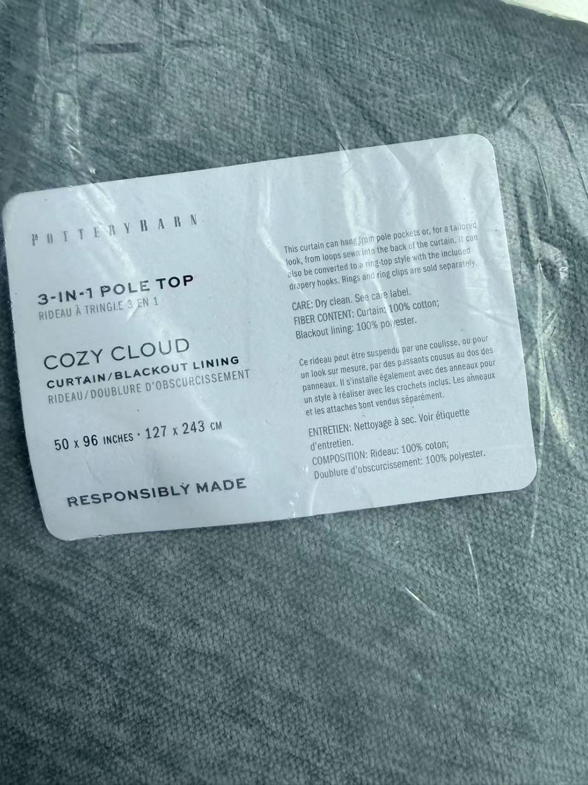 NWT Pottery Barn Cozy Cloud Blackout Curtain Chambray Blue 50×95