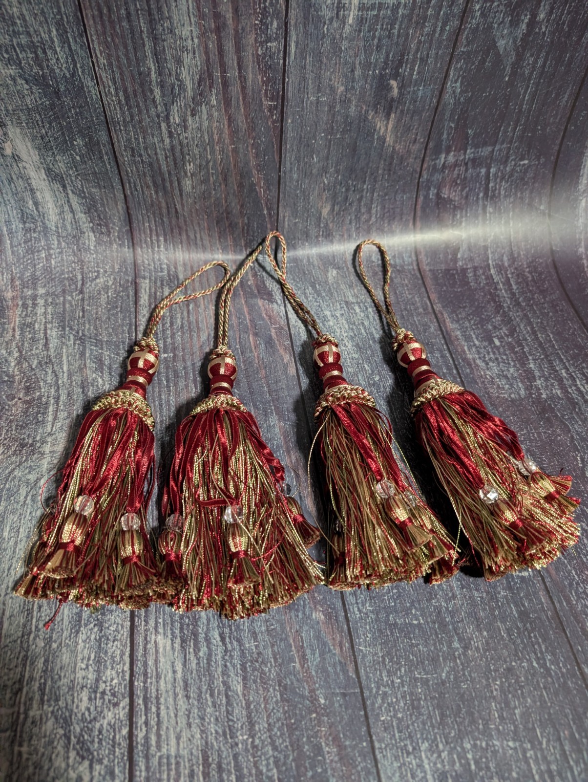 Curtain Tassel Drapery Tie Back – Burgundy, Metallic Gold, Green Plaid Set Of 4