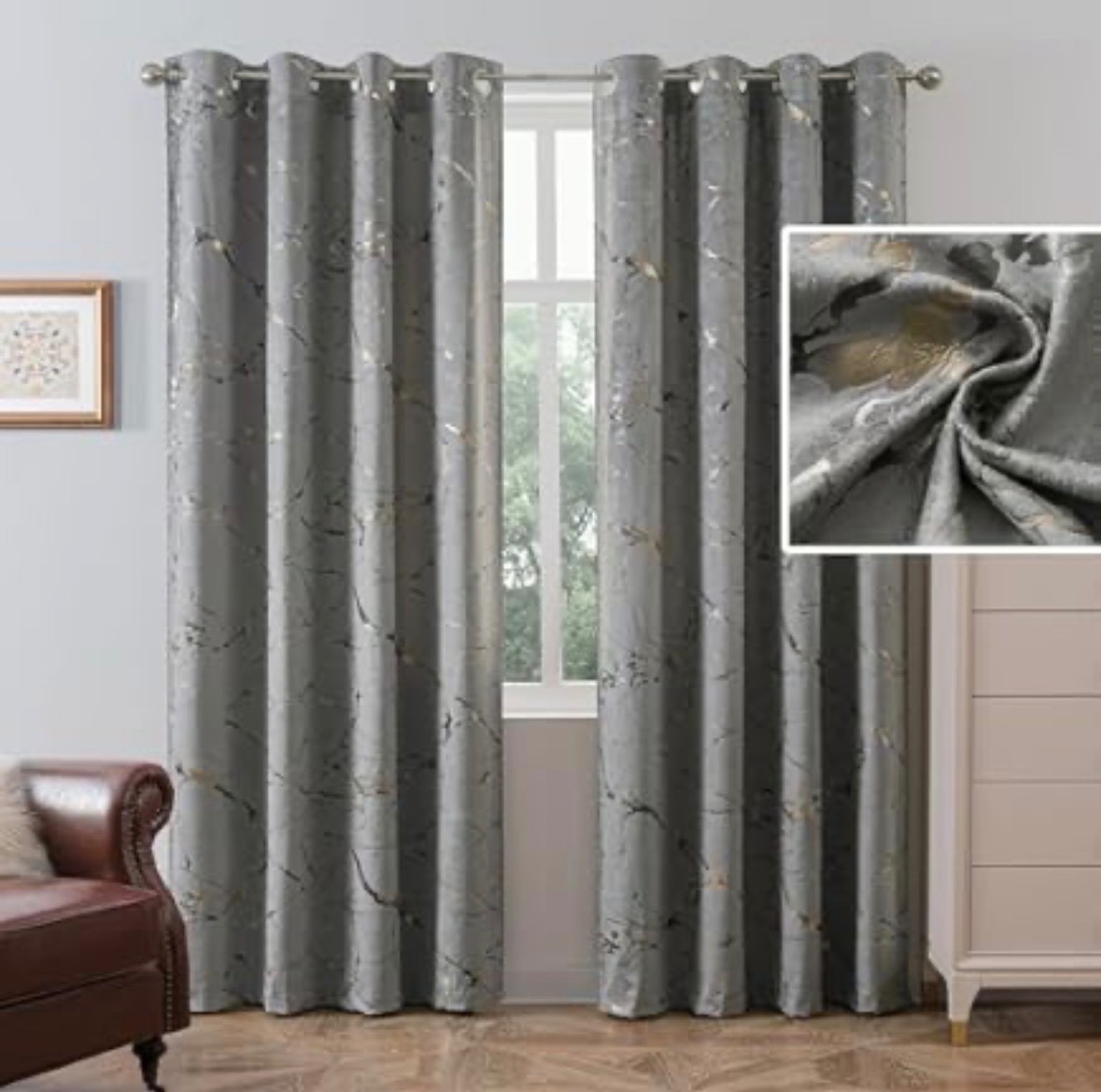 2 pannel Silver/Gray Abstract 104″ longX 54″ wide silver Gromments