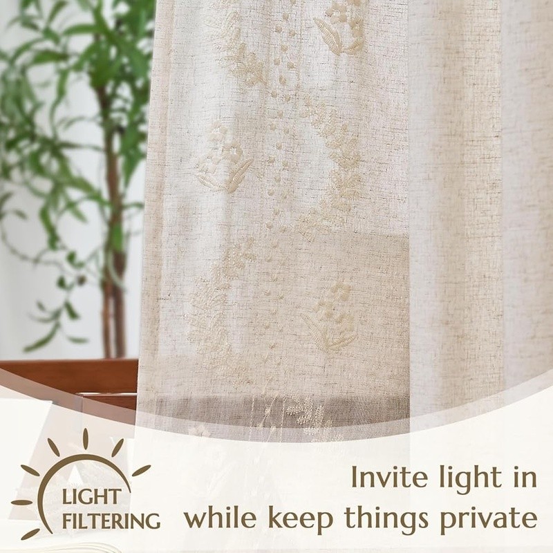Floral Embroidered Linen Blend Curtains Farmhouse Light Filtering Privacy Panels