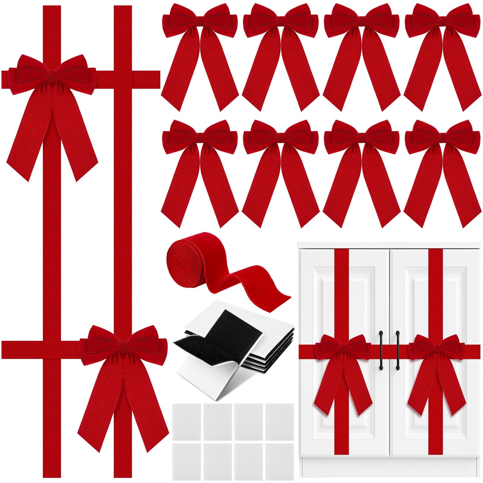 8 Pcs Velvet Christmas DIY Cabinet Ribbons Bows Large Christmas Door Ribbon C…