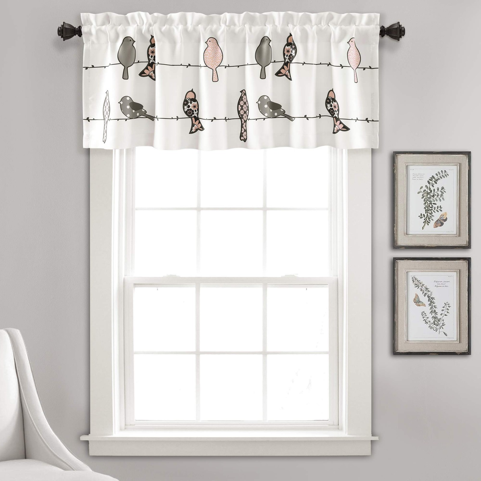 Rowley Birds Curtain Valance Single Panel, 18” x 52”, Blush and Gray, L, Blus…