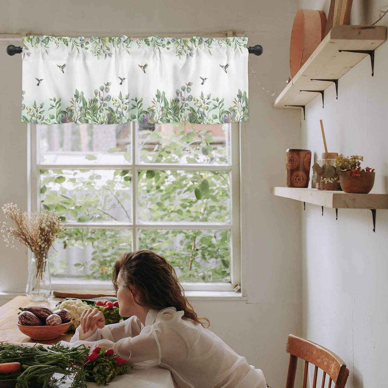 Valances for Windows, Plants Leaves Green Hummingbird Watercolor Style Kitchen W