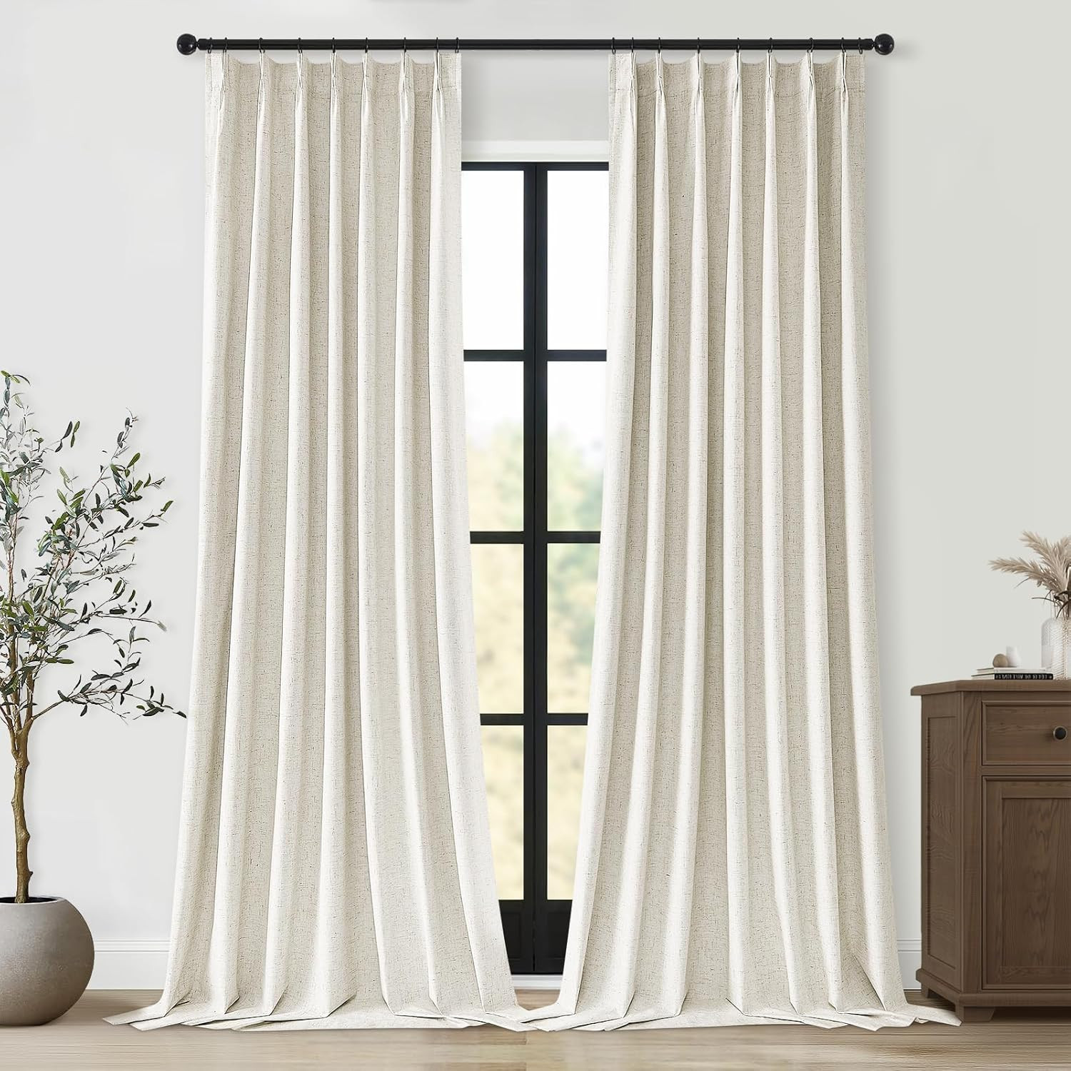Extra Long 132″ Beige Faux Linen Blackout Curtains – 2 Panels for Living Room