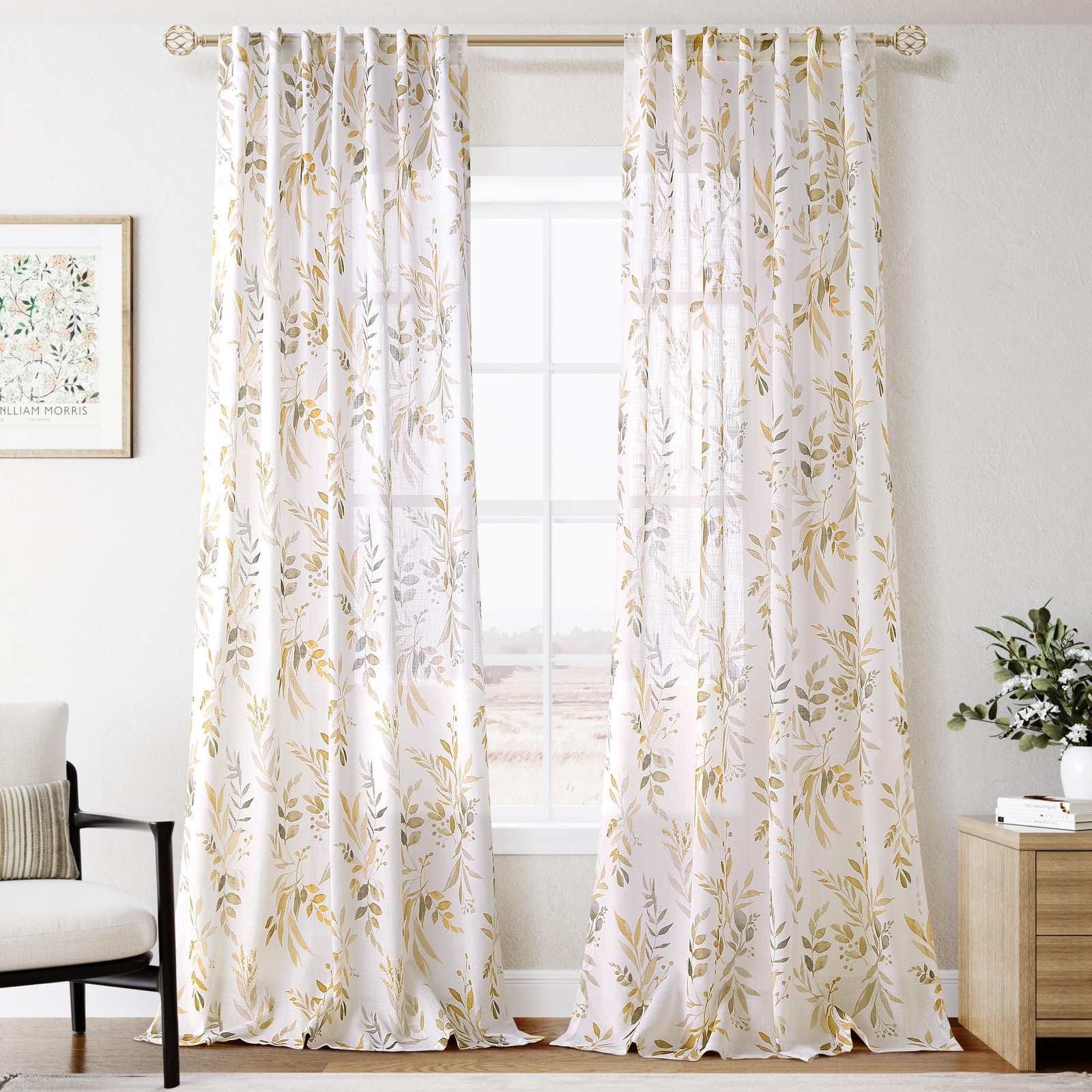 Gold and White Floral Curtains 108 inch Length for Living Room Sliding Door B…
