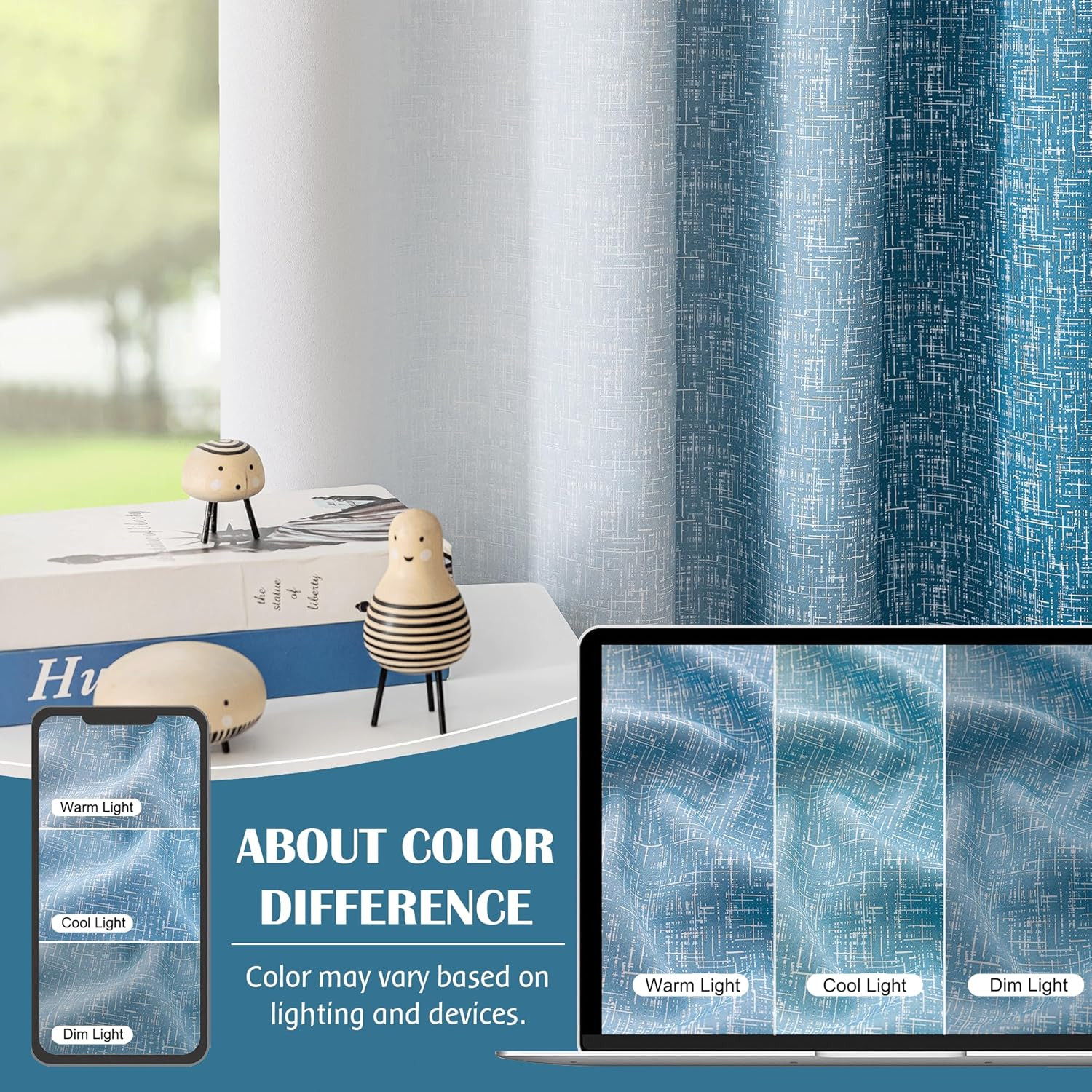Ombre Blackout Curtains 52X72, 2 Panels Blue White Gradient Thermal Drapes