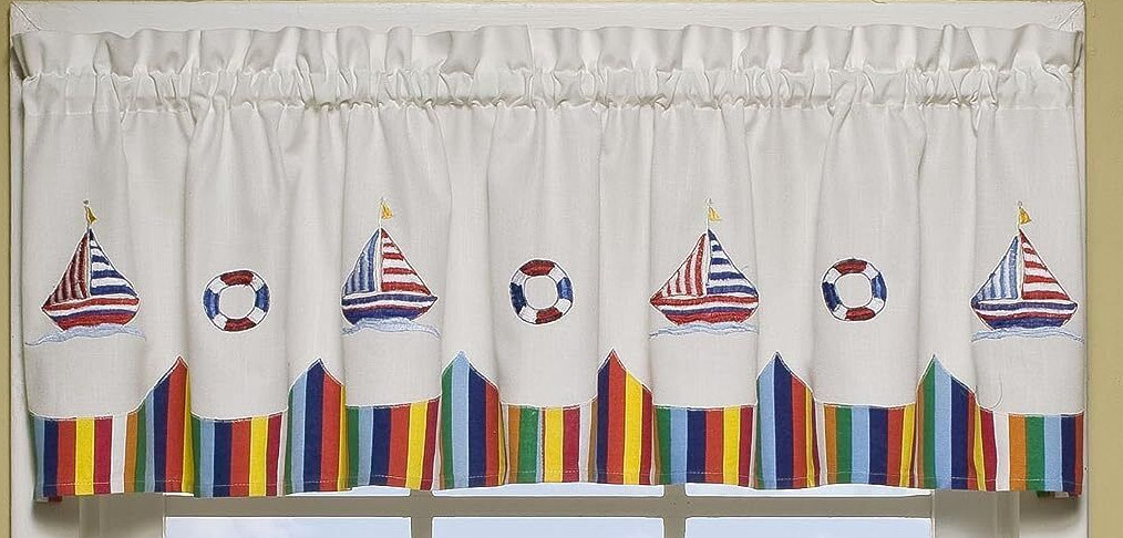 Newport Embroidered Nautical Sailboat Life Preserver Rainbow Curtain Val Or Tier