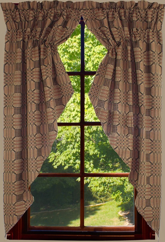New Primitive TAN RED BLACK COVERLET PRAIRIE SWAGS Panels Curtains