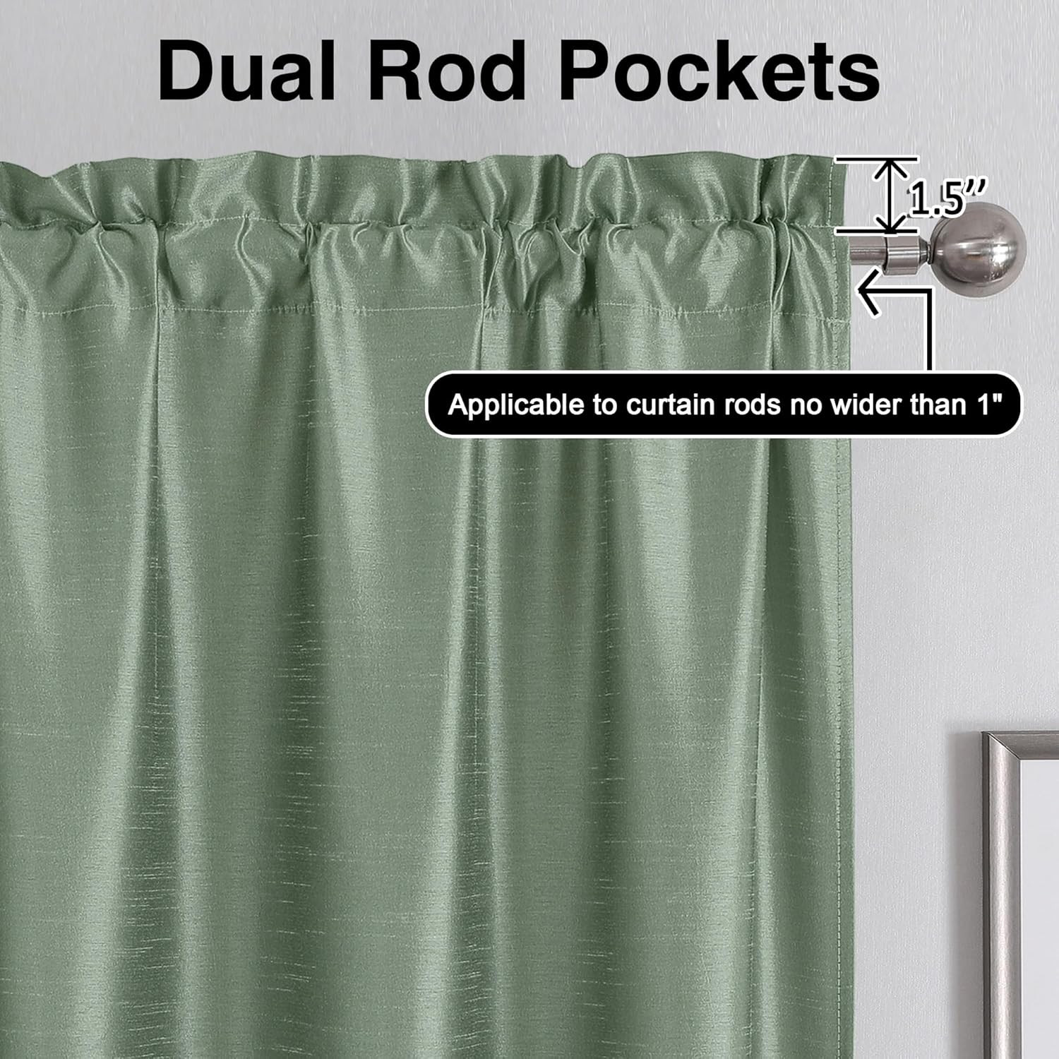 Uptown Faux Silk Light Sage Green Curtains 84 Inch Length 2 Panels Set, Light Fi