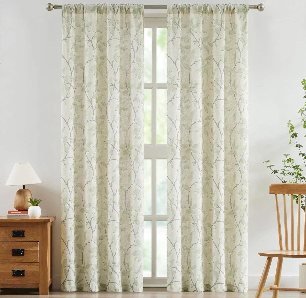 Semi Sheer Curtains 90 Inches Length, Farmhouse Printed Green Leaves 40×90