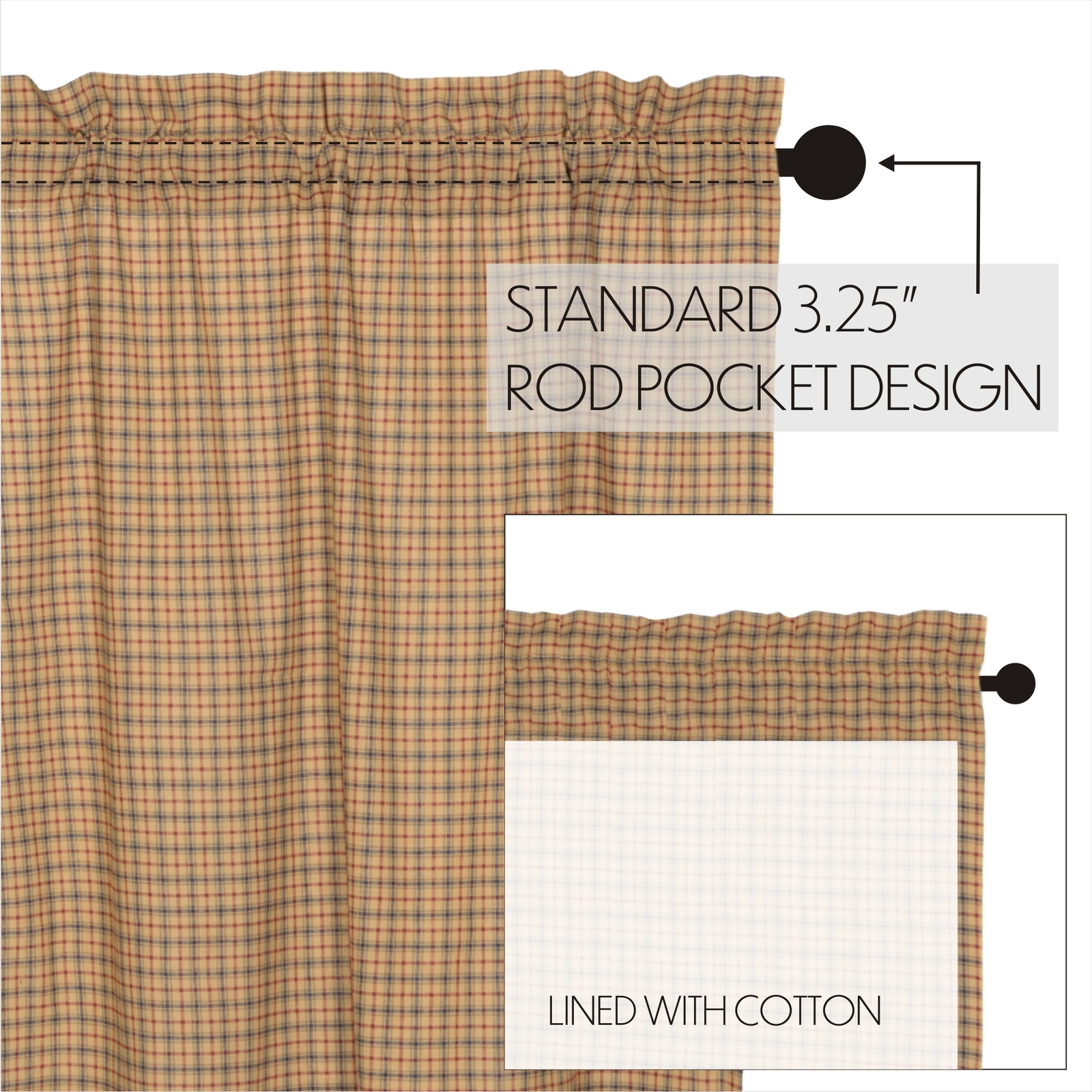 63″L Lodge-Style Lined Curtains Red Navy Tan Plaid Cotton w/ Tie Backs Millsboro