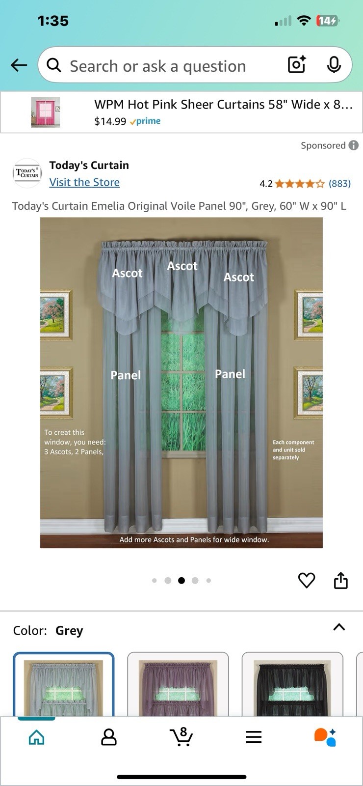 Voile Sheer Curtain Panel Emelia Original Grey 60″ W x 90″ L Elegant NEW