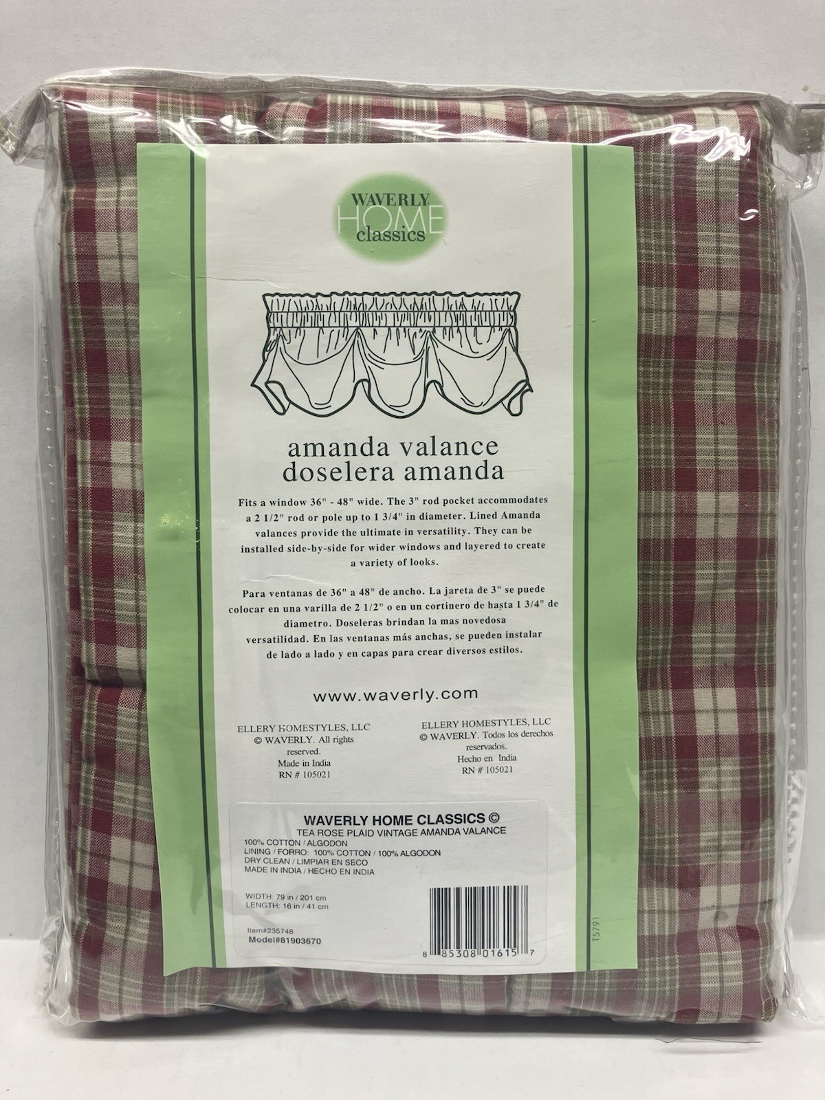 Waverly Tea Rose Plaid Vintage Amanda Valance 79 x 16 Lined Rod Pole Cotton NIP