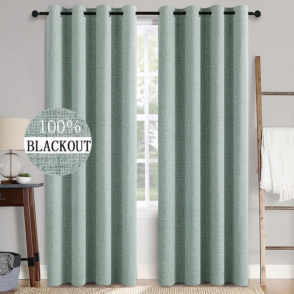 Seafoam Green Linen Texture Blackout Curtains 52×108 Inch (2 Panels)