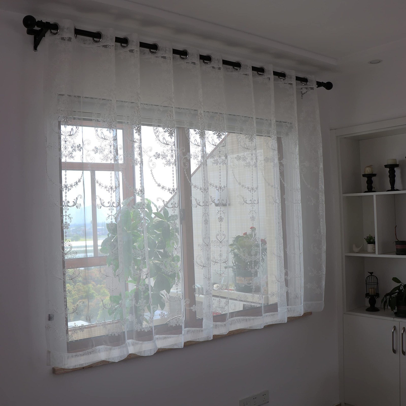 2 Panels White European Style Sheer Curtain Embroidered Window Curtains Europ…