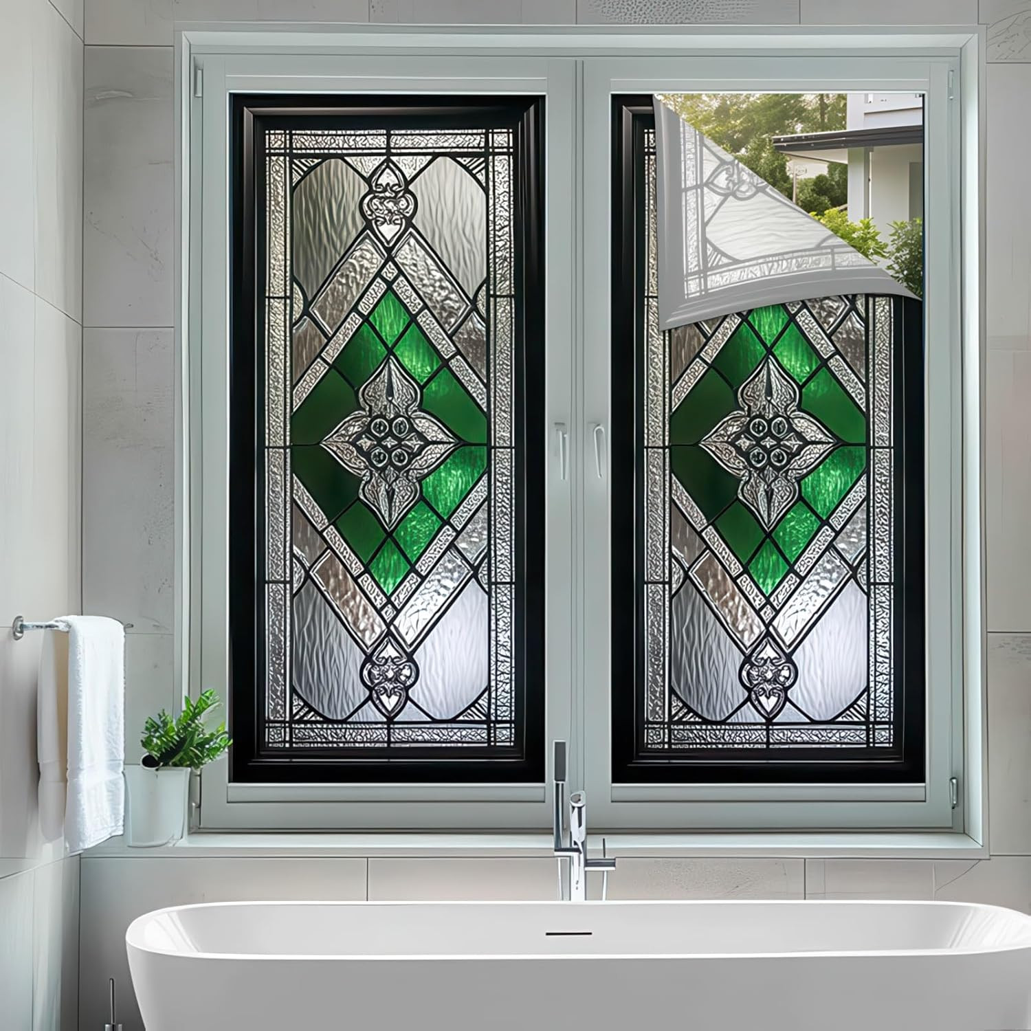 Stained Glass Window Film 17.7X39.3 Inch Irregular Geometry Grid Green Window Pr