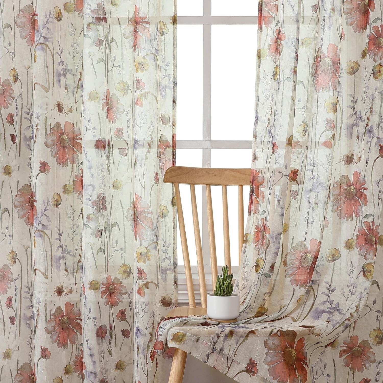 Crushed Sheer Curtains 84 Inch Length 2 Panels Set Sheer Floral Curtains Printed