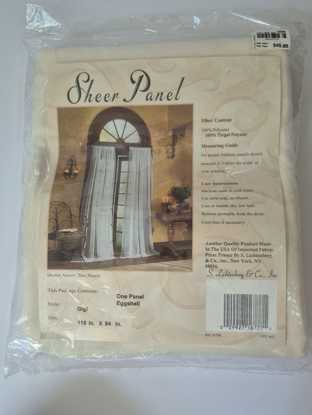 Vintage S. Lichtenberg Sheer Curtain Panel Gigi Egg Shell Polyester 84″ x 118″