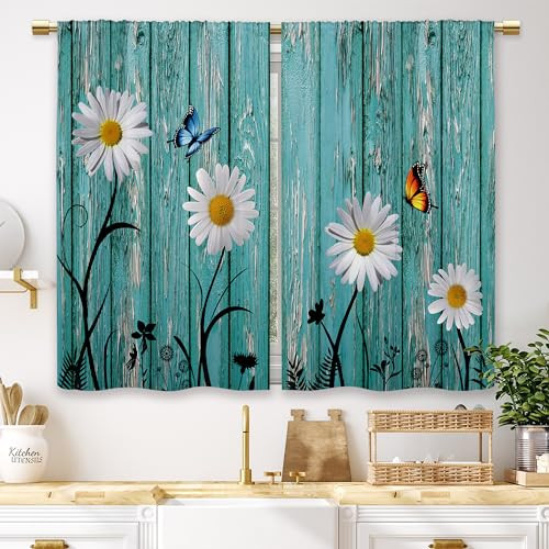 Farmhouse Teal Daisy Kitchen Curtains 27.5″W x 39″L (Pack of 2) 11_teal_daisy